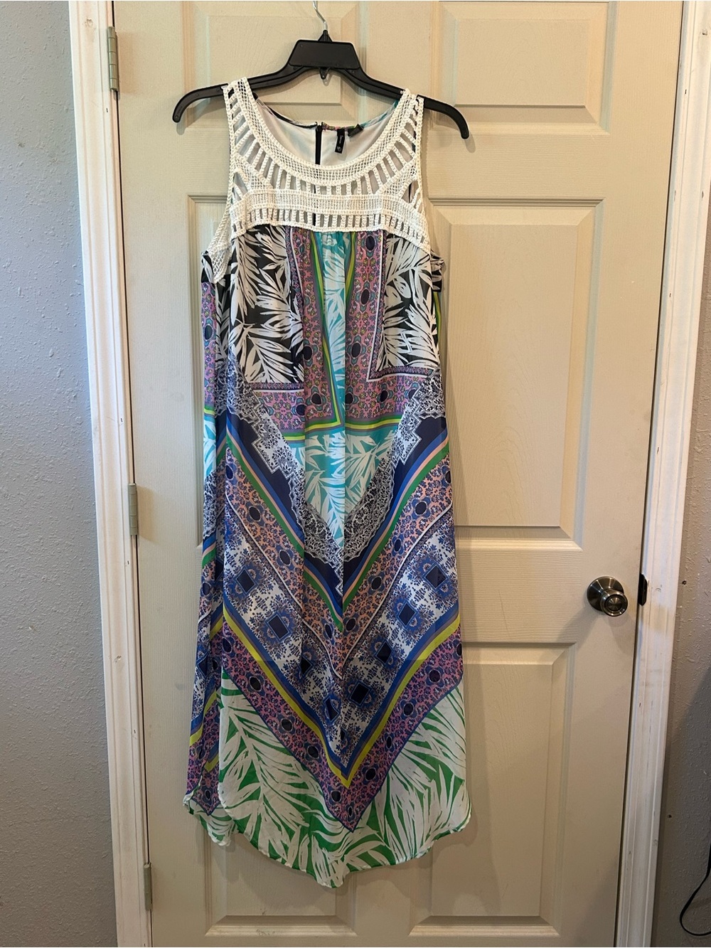 new directions White Crochet-Trim Maxi Dress with Multicolor Print